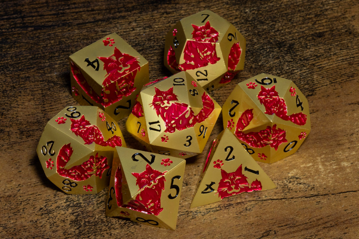 Meowgic 7-Piece Metal Dice Set – Gold with Red Cats – photo 4