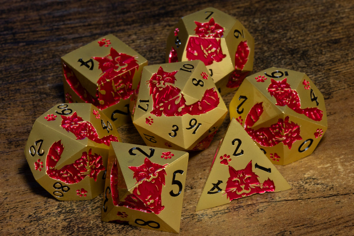 Meowgic 7-Piece Metal Dice Set – Gold with Red Cats – photo 5