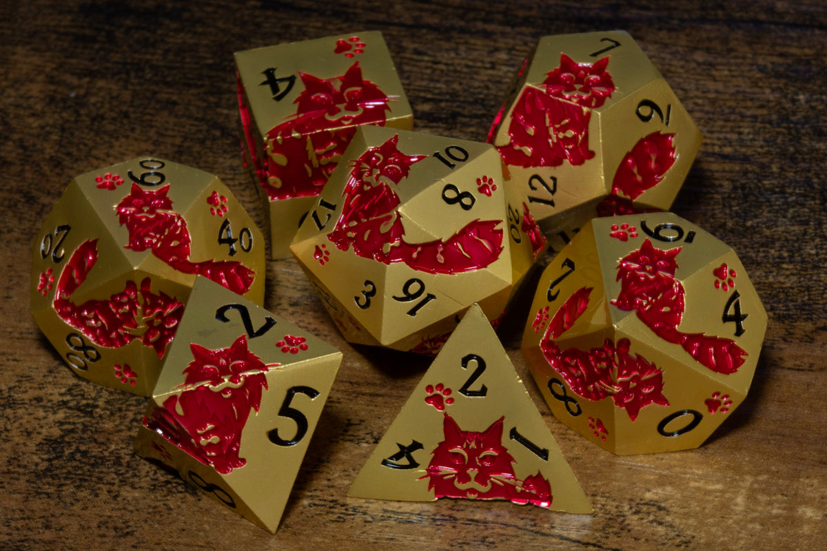 Meowgic 7-Piece Metal Dice Set – Gold with Red Cats – photo 6