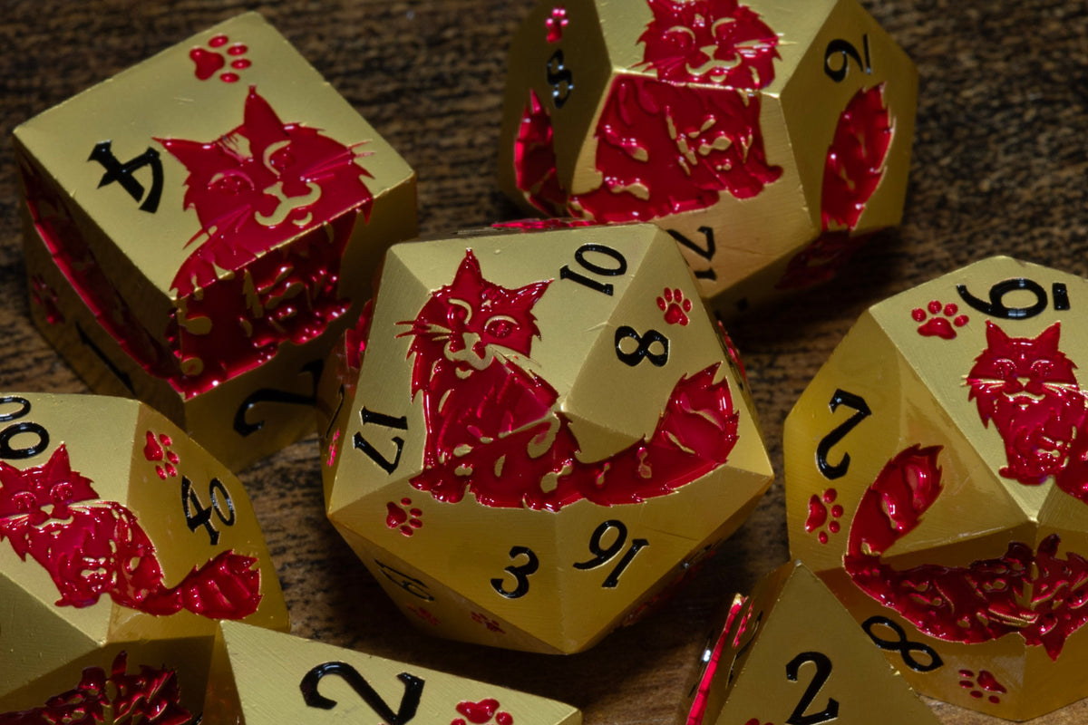Meowgic 7-Piece Metal Dice Set – Gold with Red Cats – photo 8