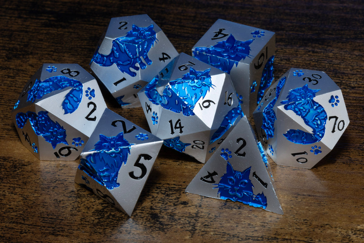 Meowgic 7-Piece Metal Dice Set – Pearl Silver with Blue Cats – photo 3