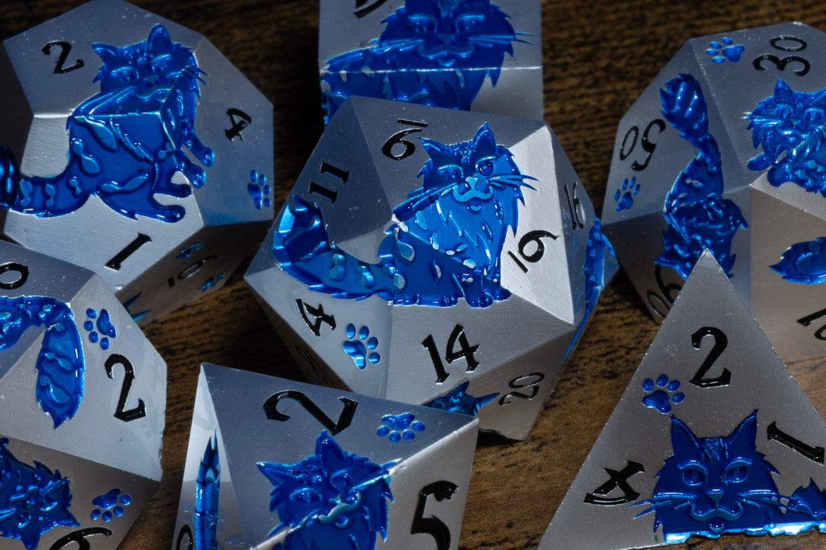 Meowgic 7-Piece Metal Dice Set – Pearl Silver with Blue Cats – photo 4