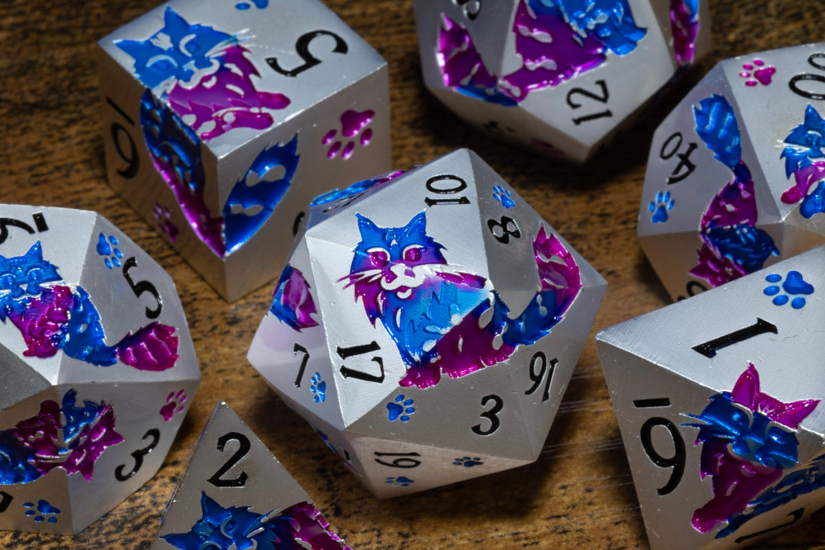 Meowgic 7-Piece Metal Dice Set – Pearl Silver with Blue & Magenta Cats – photo 1