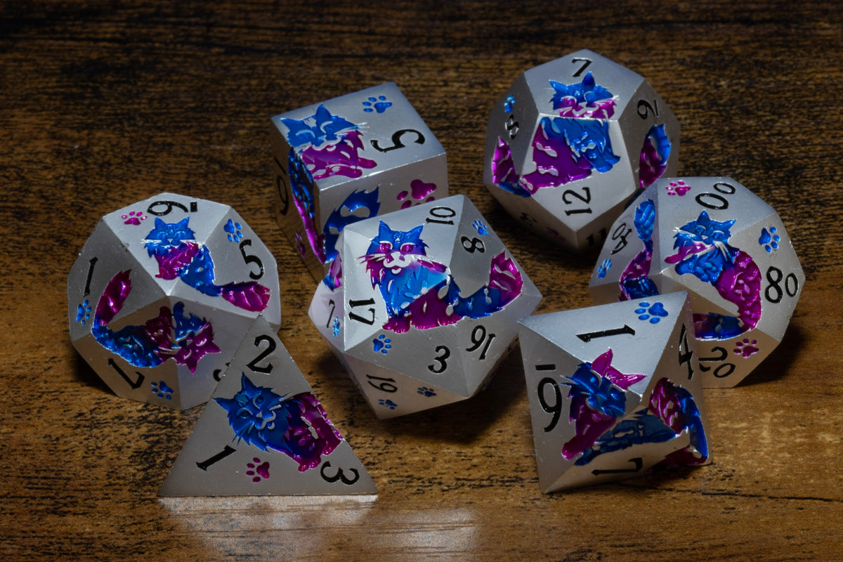 Meowgic 7-Piece Metal Dice Set – Pearl Silver with Blue & Magenta Cats – photo 2