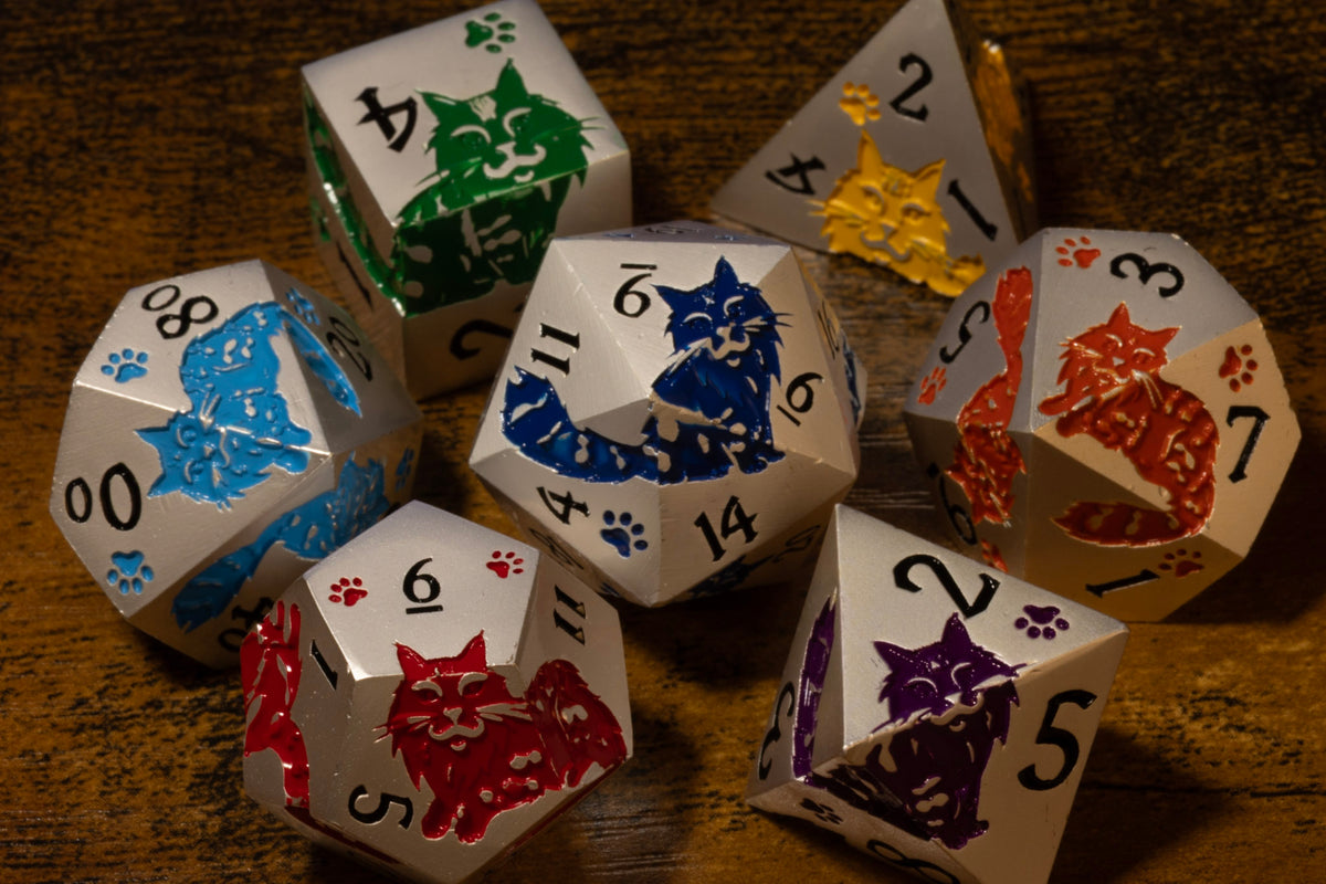 Meowgic 7-Piece Metal Dice Set – Pearl Silver with Rainbow Cats – photo 2