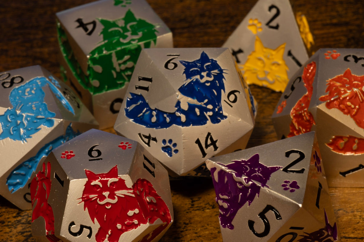 Meowgic 7-Piece Metal Dice Set – Pearl Silver with Rainbow Cats – photo 3