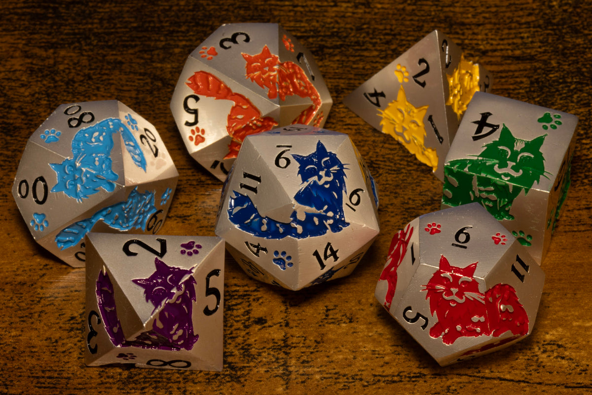 Meowgic 7-Piece Metal Dice Set – Pearl Silver with Rainbow Cats – photo 6
