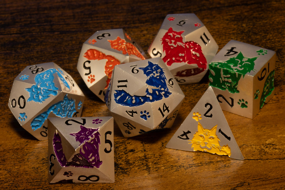 Meowgic 7-Piece Metal Dice Set – Pearl Silver with Rainbow Cats – photo 8