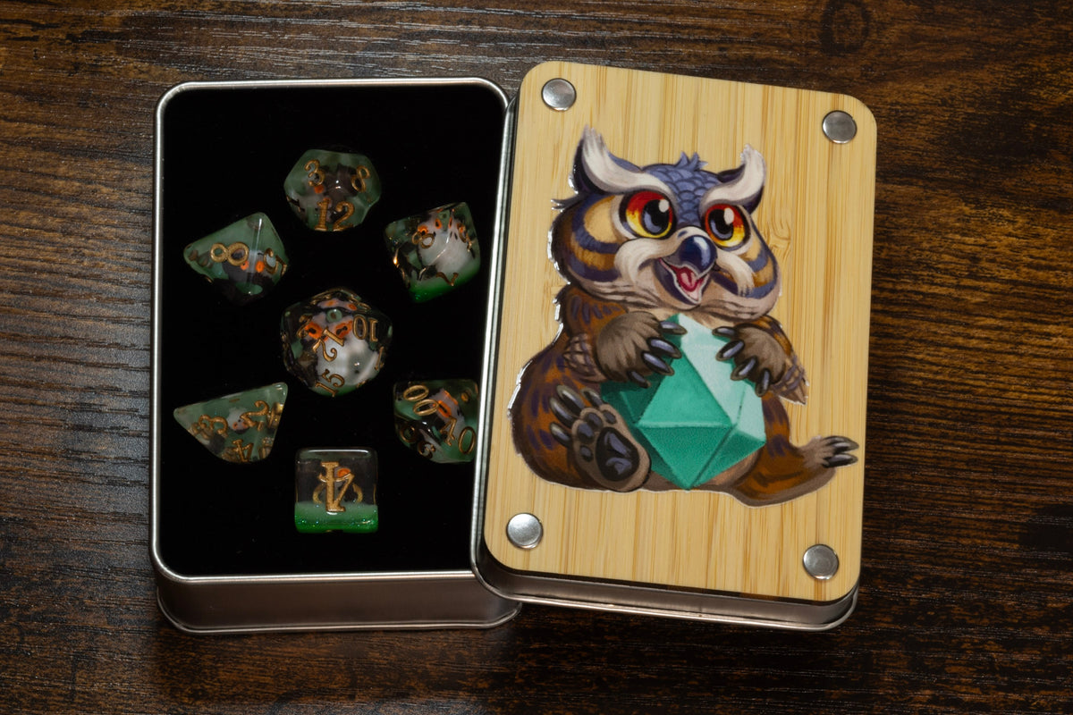 Owlbear dice box with Wise Owl dice set - The Wizard's Vault