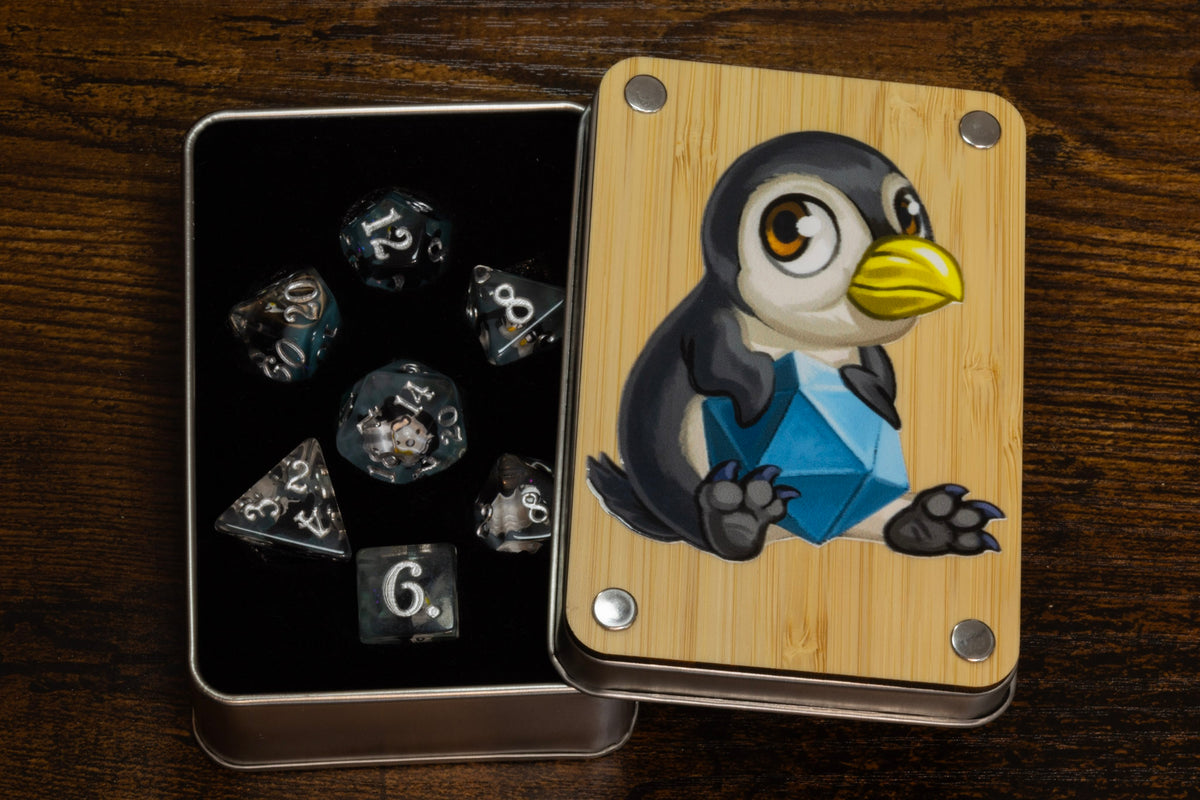 Penguin dice box with penguin dice set - The Wizard's Vault