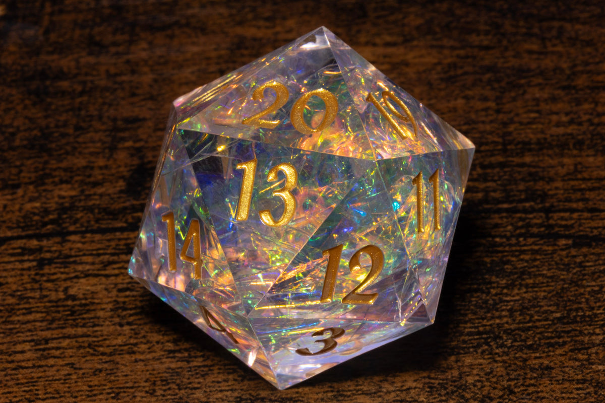 Sacred Opal Countdown D20 Life Counter – Clear with Iridescent Foil & Gold Numbers – photo 1