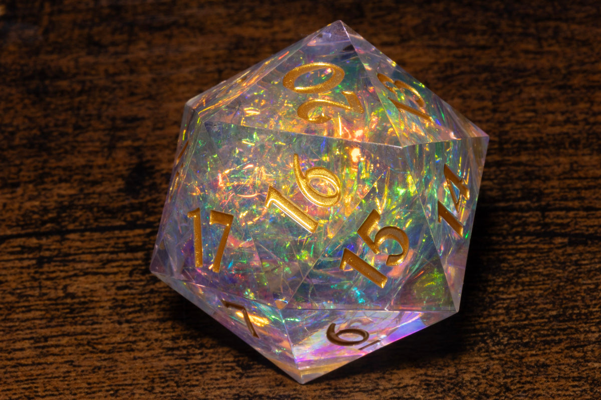 Sacred Opal Countdown D20 Life Counter – Clear with Iridescent Foil & Gold Numbers – photo 2