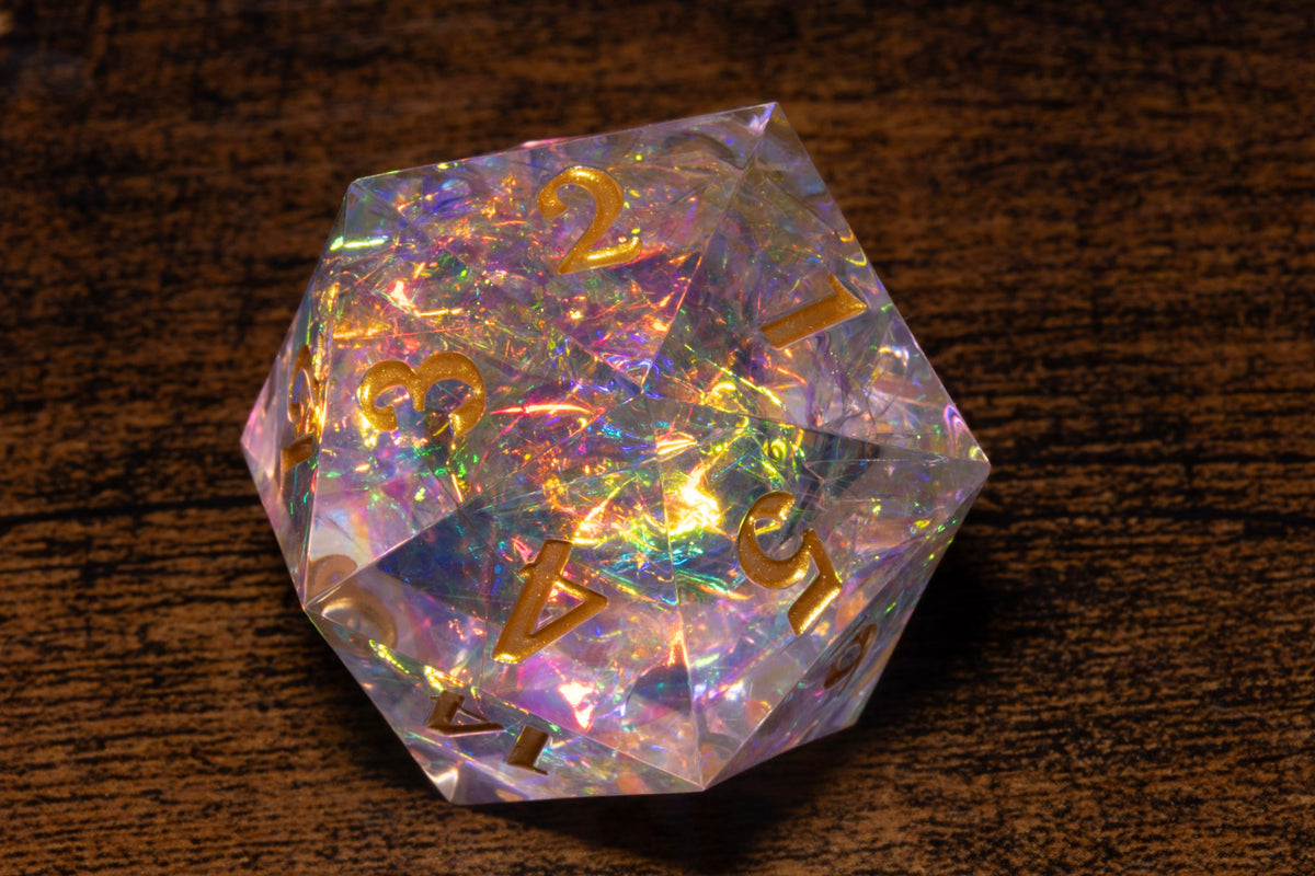 Sacred Opal Countdown D20 Life Counter – Clear with Iridescent Foil & Gold Numbers – photo 4