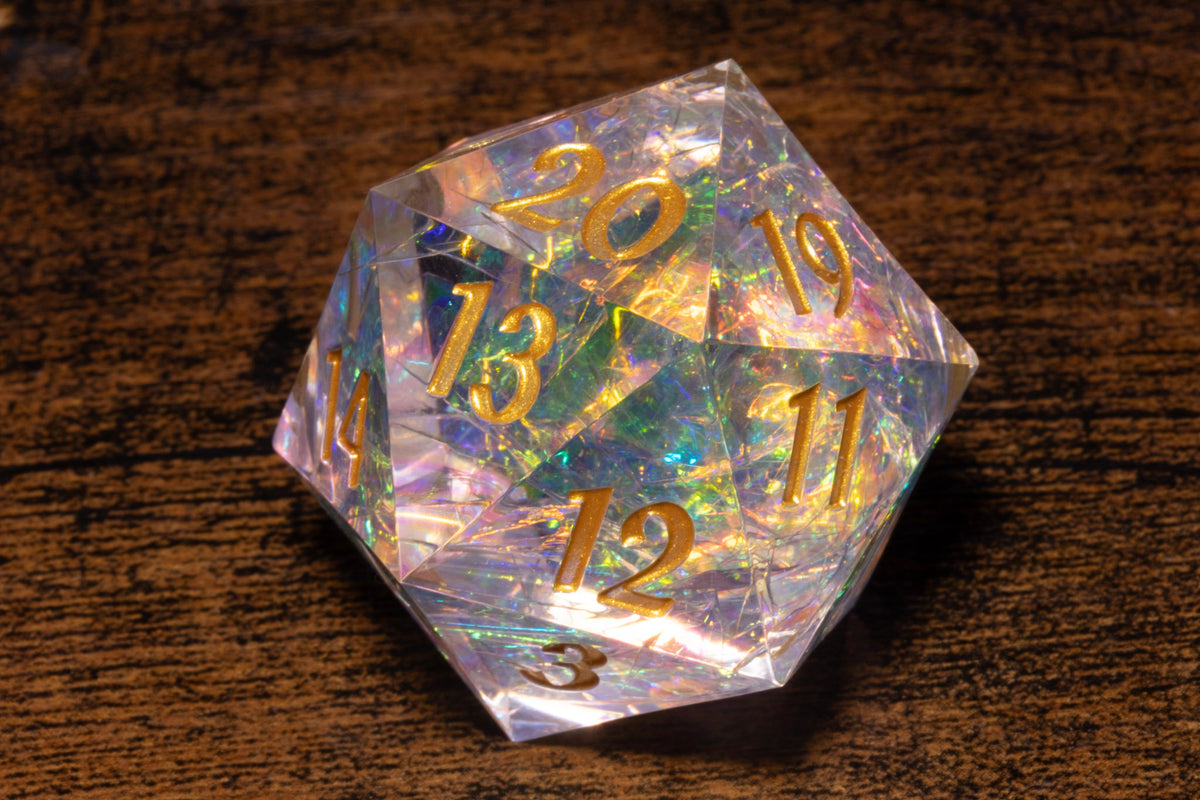 Sacred Opal Countdown D20 Life Counter – Clear with Iridescent Foil & Gold Numbers – photo 5