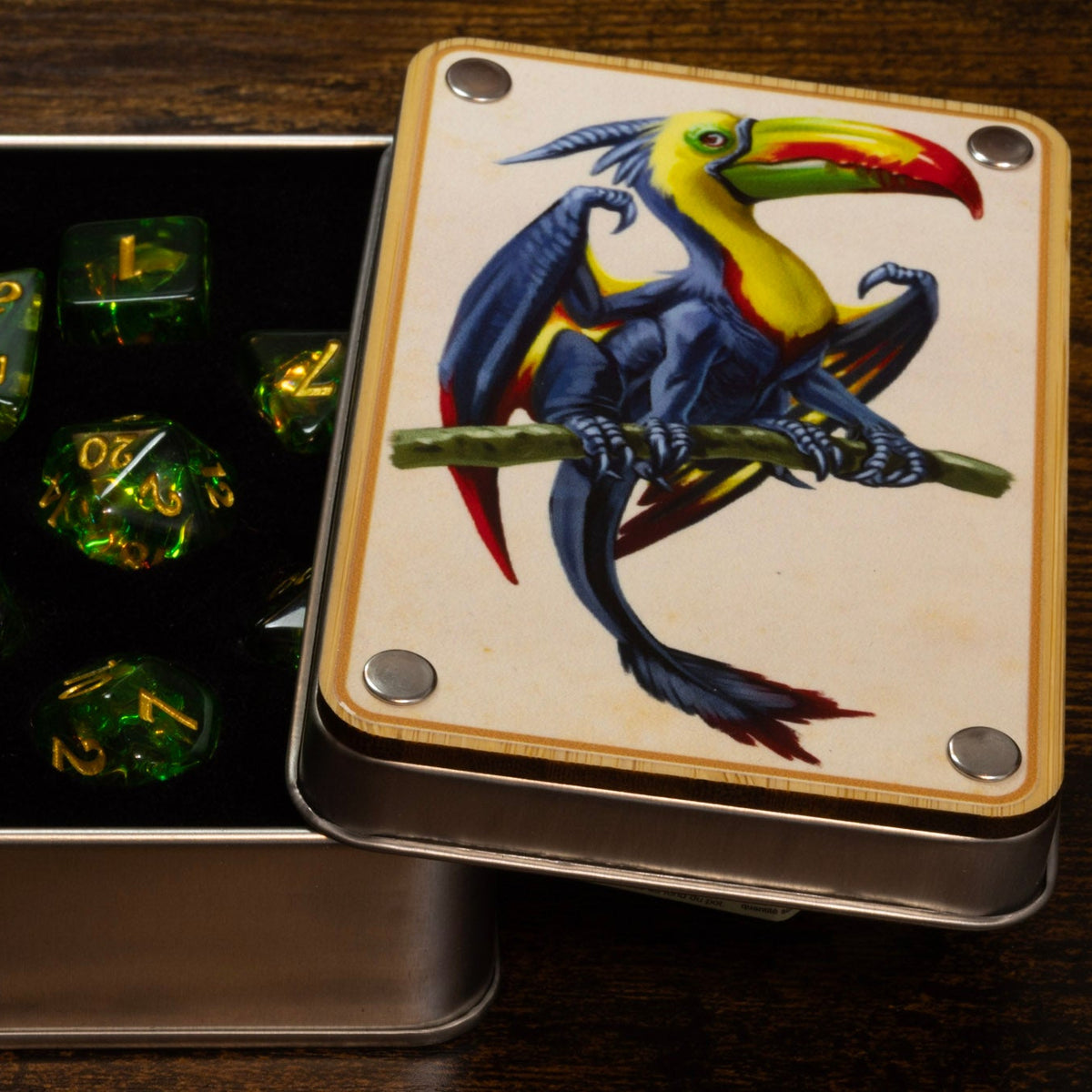 Toucan dragon dice box with Canopy Opal dice set - The Wizard's Vault