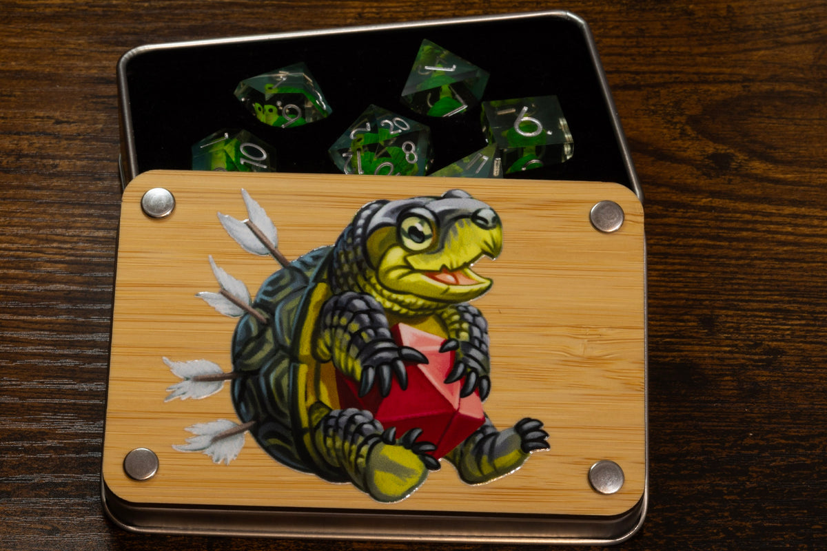 Turtle dice box with Turtle Cove sharp edge dice set - The Wizard's Vault