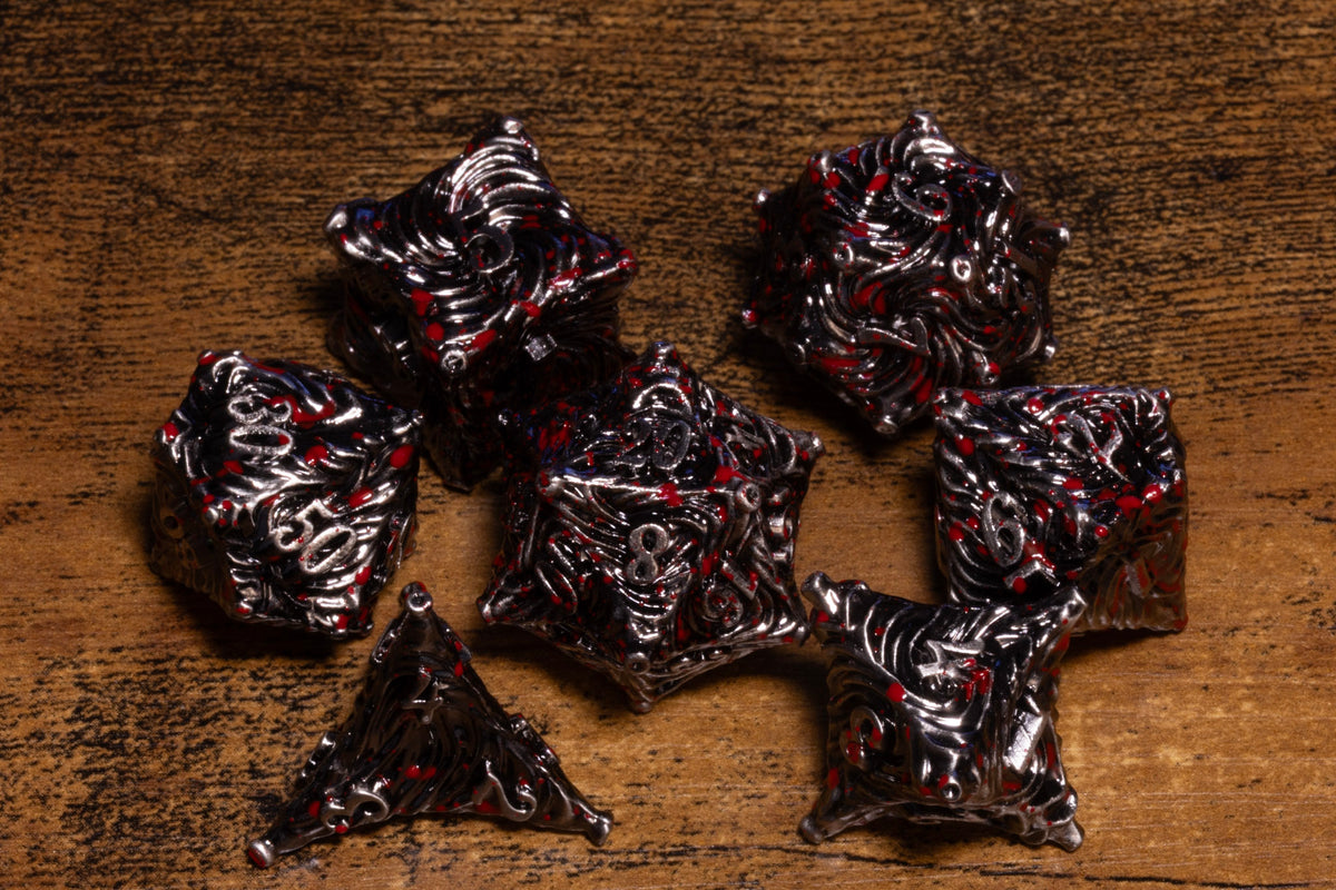 Vortex 7-Piece Metal Dice Set – Antique Silver with Red Splatter – photo 1