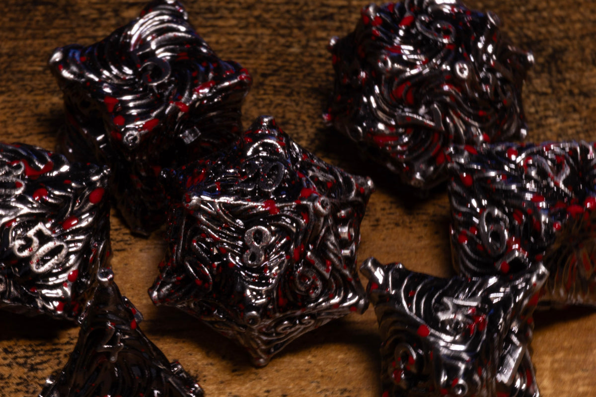 Vortex 7-Piece Metal Dice Set – Antique Silver with Red Splatter – photo 3