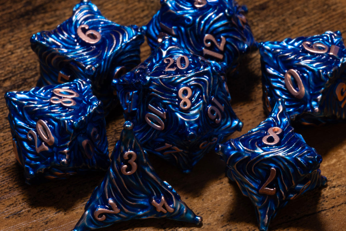 Vortex 7-Piece Metal Dice Set – Blue with Copper Numbers – photo 2
