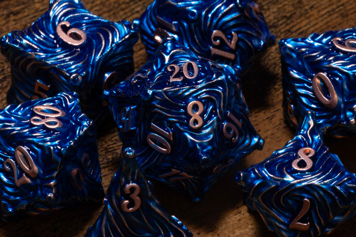 Vortex 7-Piece Metal Dice Set – Blue with Copper Numbers – photo 4