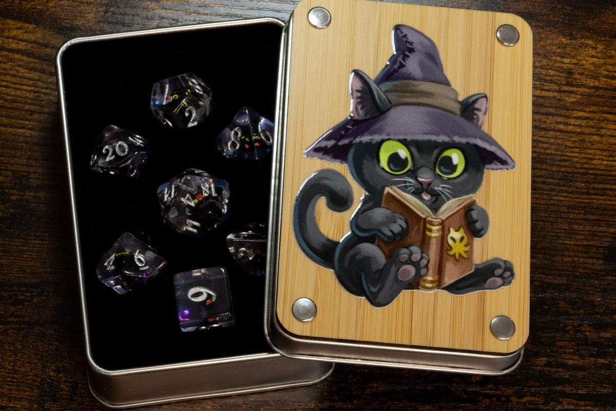 Wizard Cat dice box with black cat dice set - The Wizard's Vault