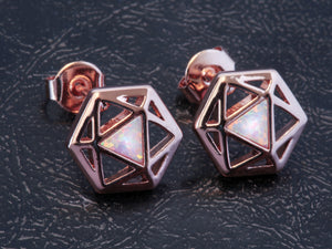 D20 Dice stud earrings with rose gold finish and opal - The Wizard's Vault