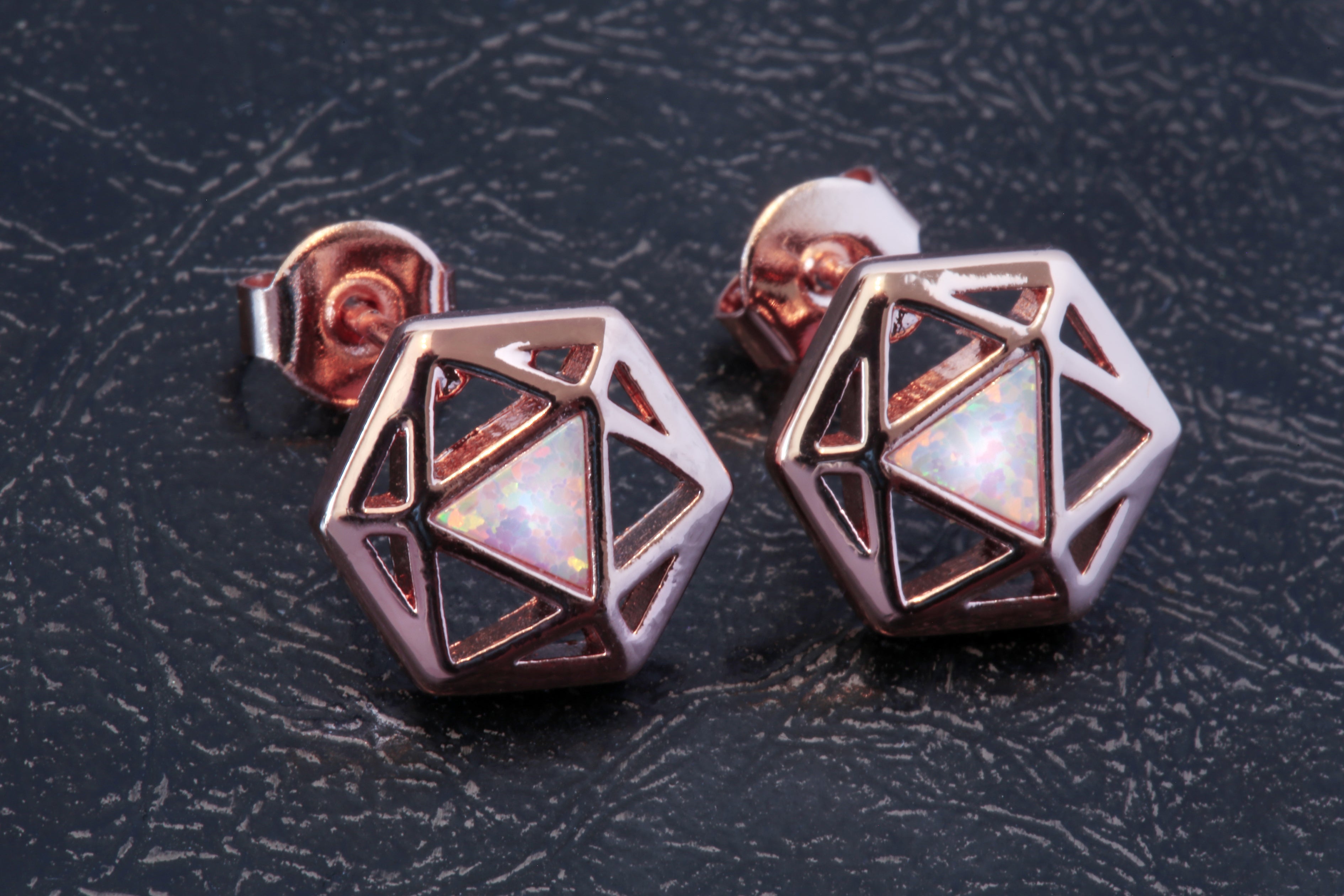 D20 Dice stud earrings with rose gold finish and opal - The Wizard's Vault