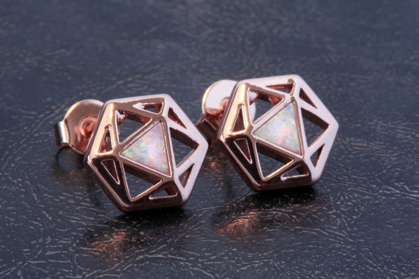 D20 Dice stud earrings with rose gold finish and opal - The Wizard's Vault