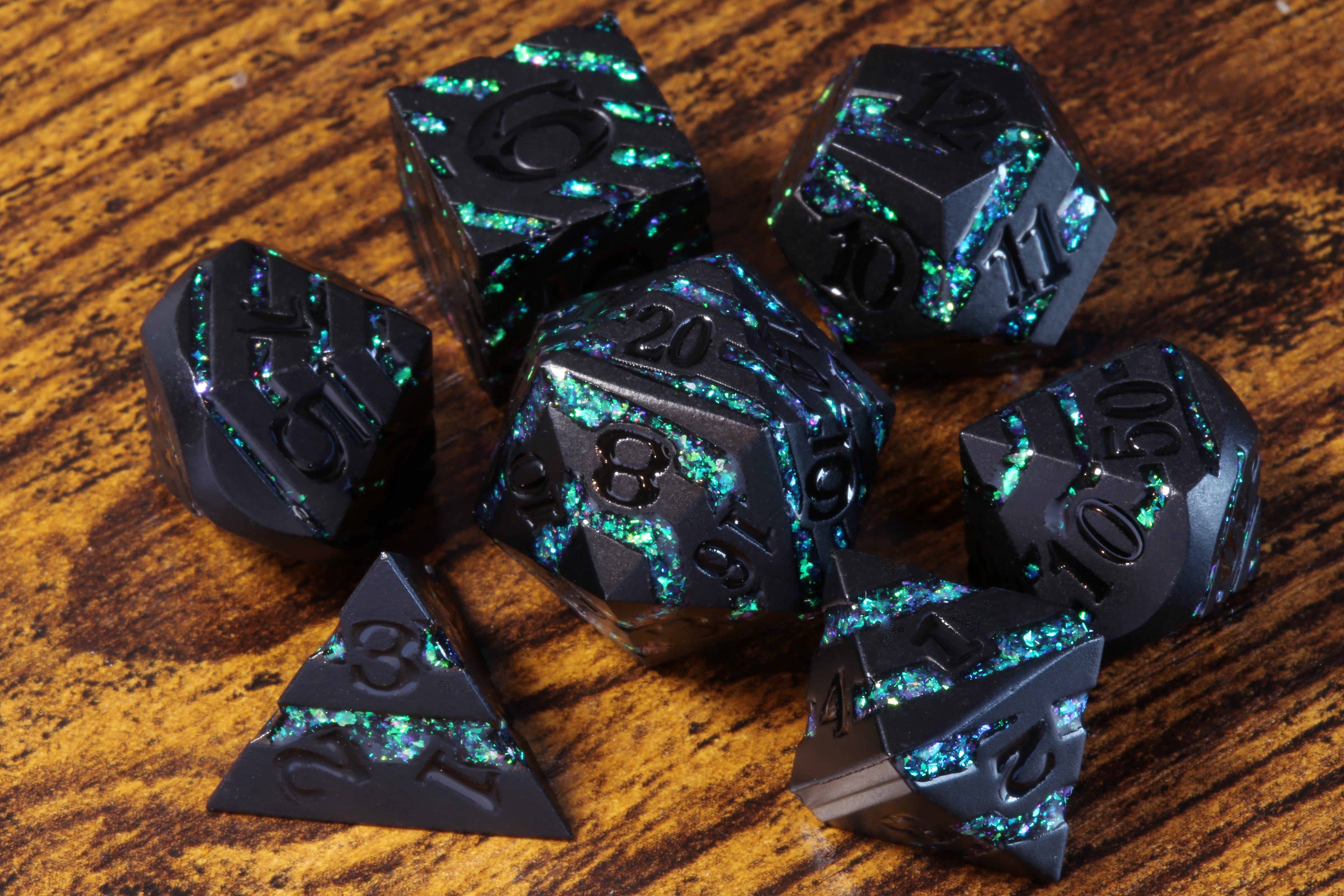 Rift Artifact - Dark green mica striped dice set - Black Metal - The Wizard's Vault