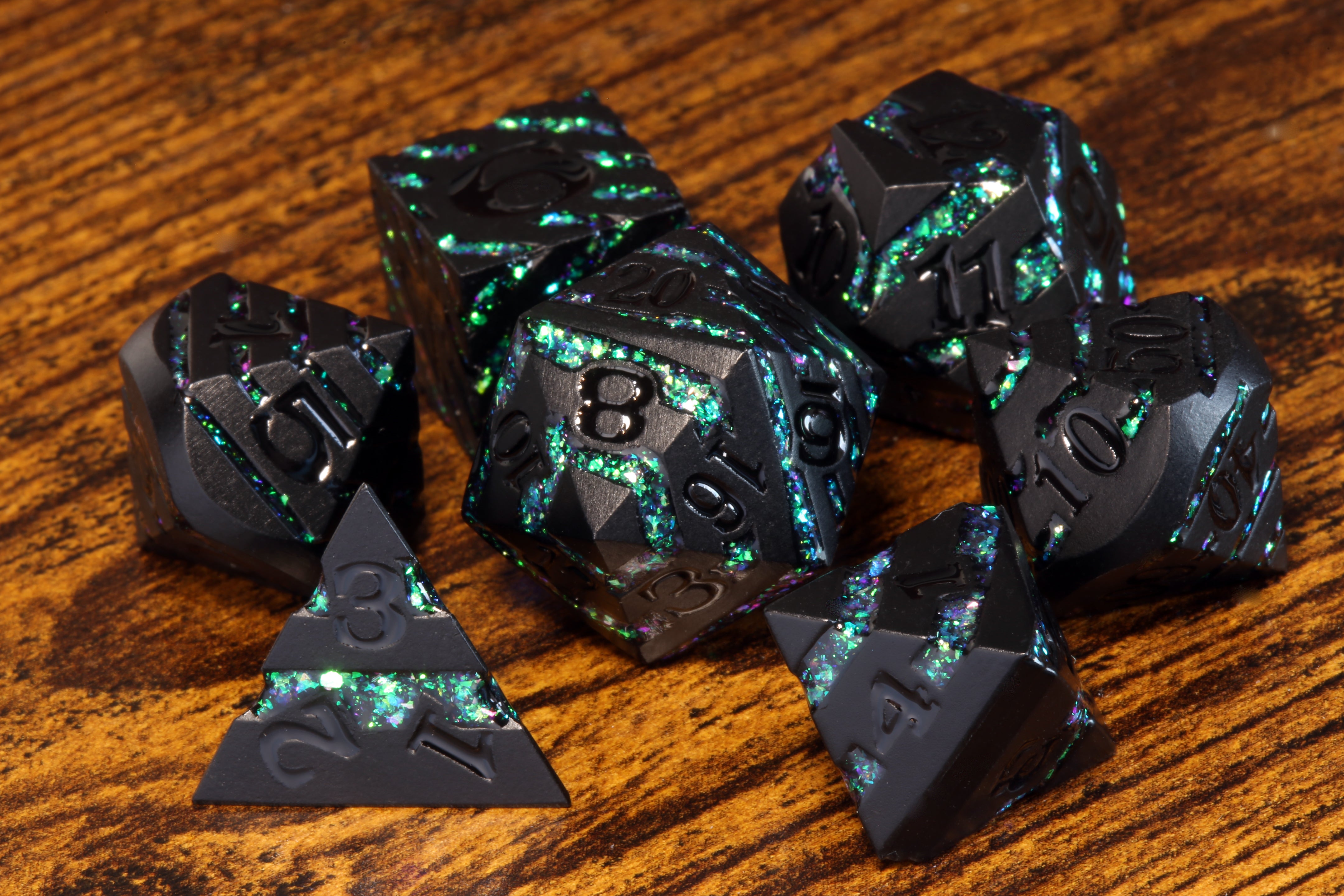 Rift Artifact - Dark green mica striped dice set - Black Metal - The Wizard's Vault