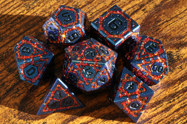 Lava Vault Dice Set - red mica with blue metal - The Wizard's Vault