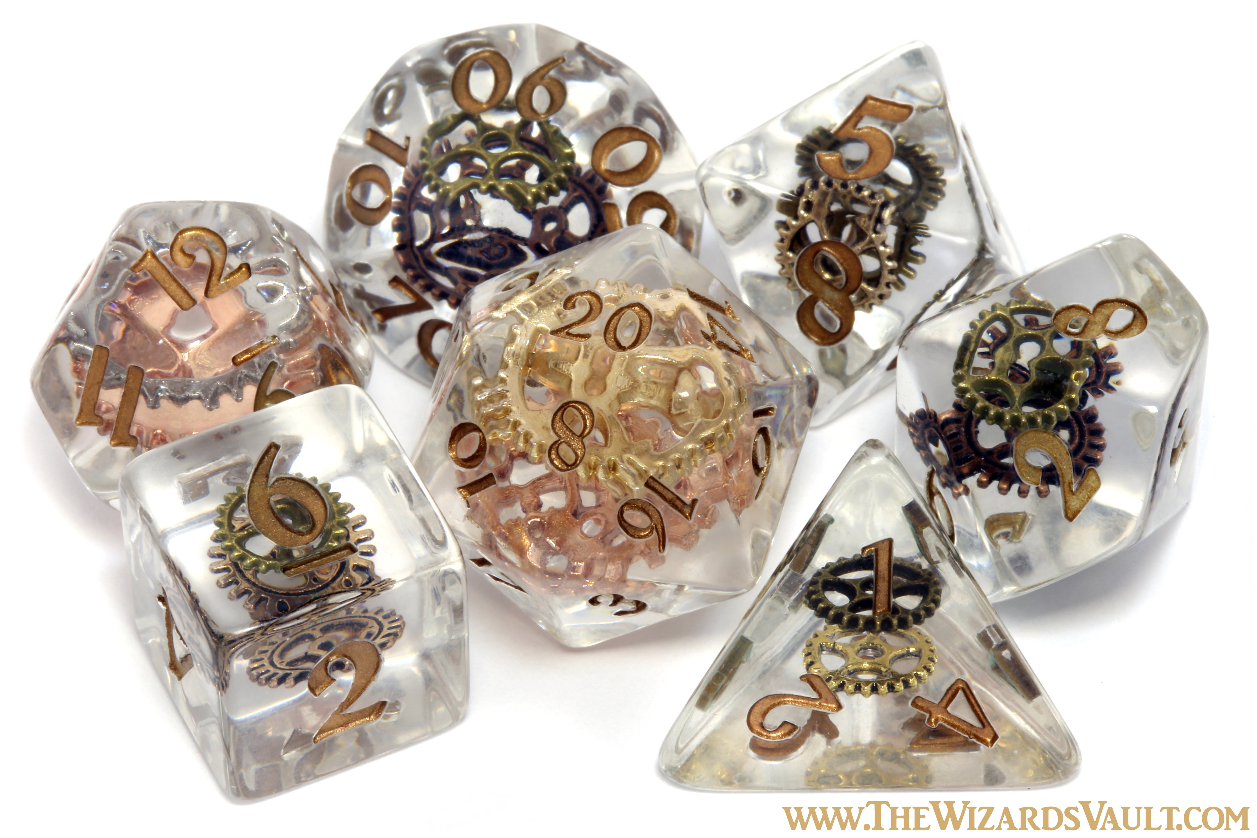 Gnome Tinkerer - Dice with gears in clear resin - The Wizard's Vault