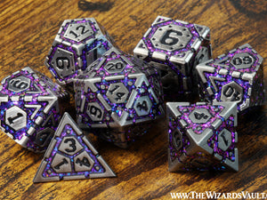Stellar Relic dice set with purple and antique silver metal - The Wizard's Vault