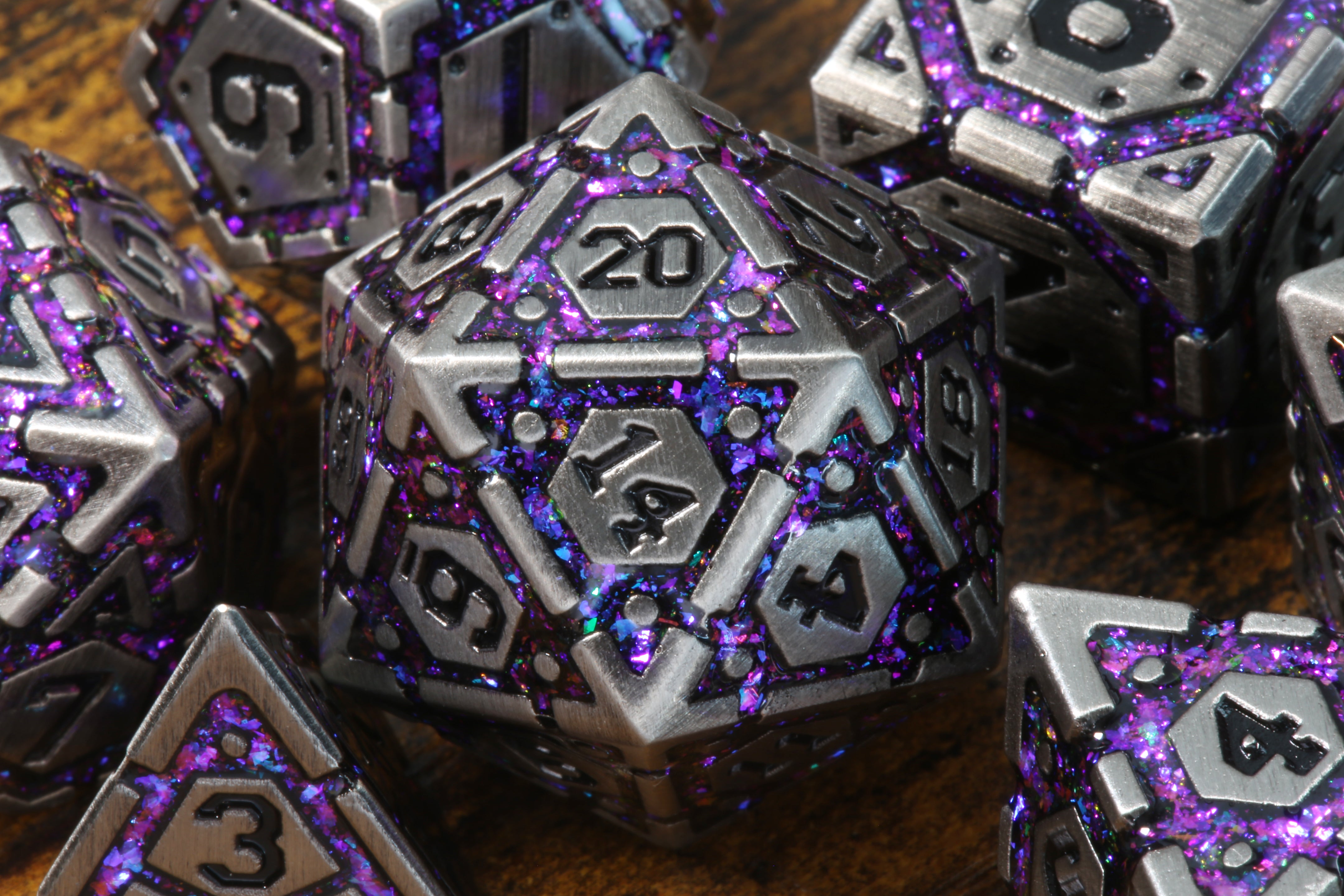 Stellar Relic dice set with purple and antique silver metal - The Wizard's Vault