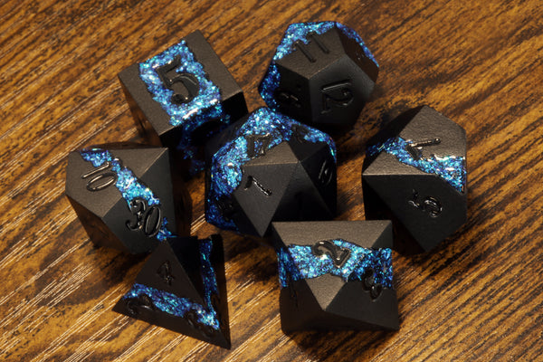 Mana Ore - Blue mica stripe dice set - Black Metal - The Wizard's Vault