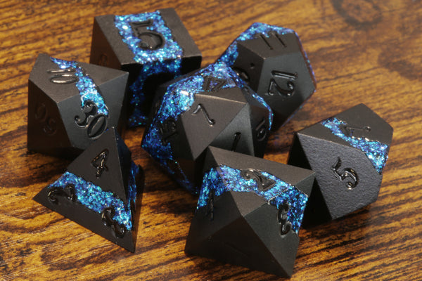 Mana Ore - Blue mica stripe dice set - Black Metal - The Wizard's Vault