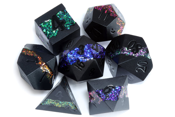 Mana Ore, Multicolor mica stripe dice set with black metal - The Wizard's Vault