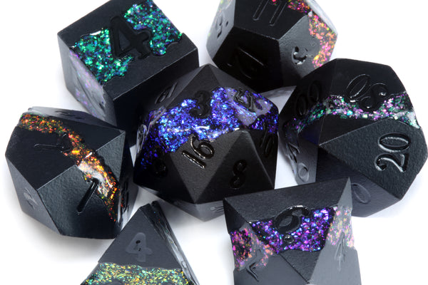 Mana Ore, Multicolor mica stripe dice set with black metal - The Wizard's Vault