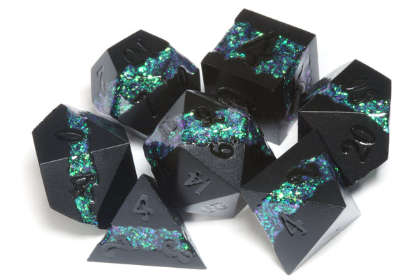 Mana Ore, turquoise green mica stripe dice set with antique black metal - The Wizard's Vault