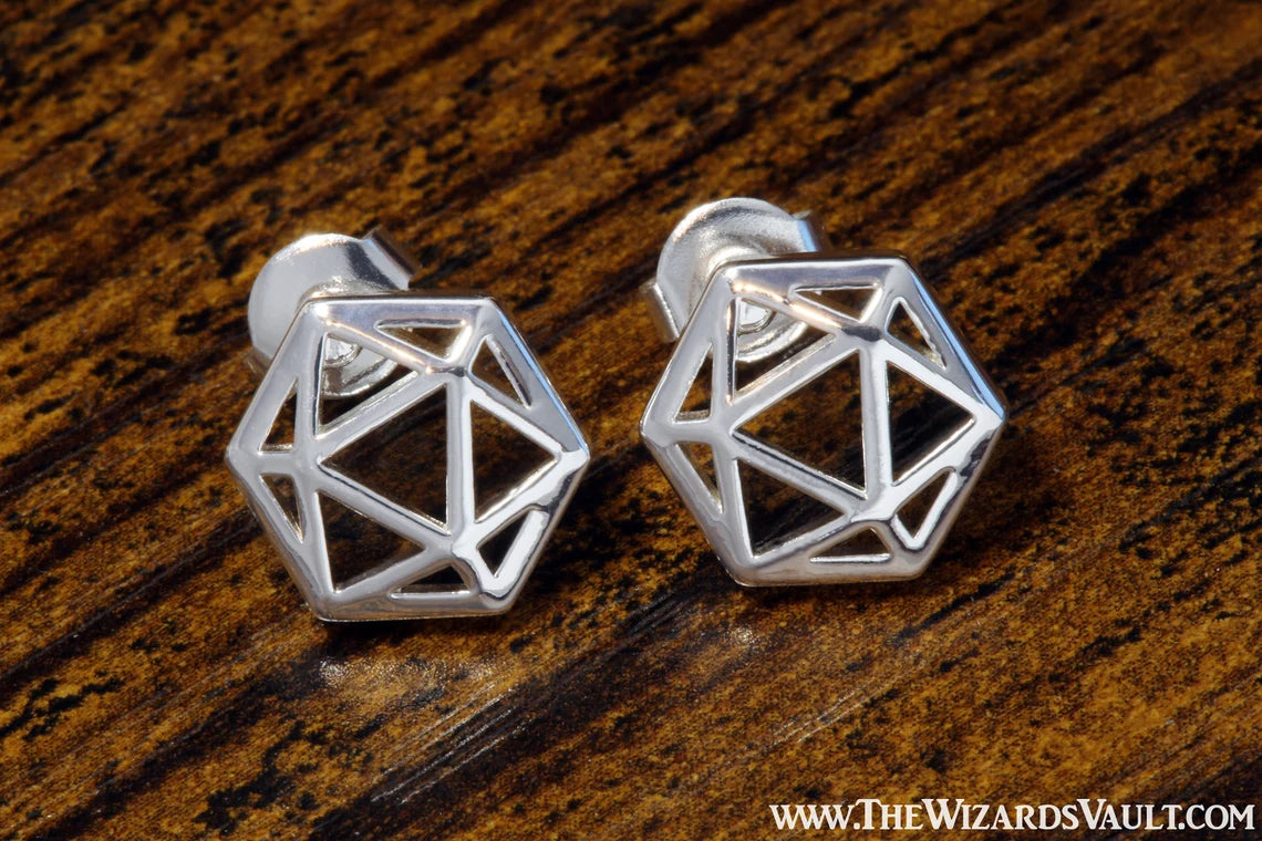 D20 Dice stud earrings silver - The Wizard's Vault