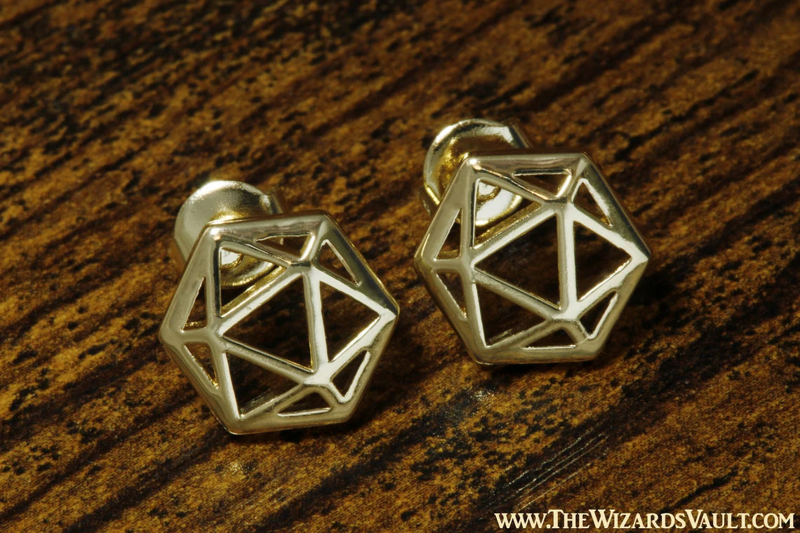 D20 Dice stud earrings gold - The Wizard's Vault