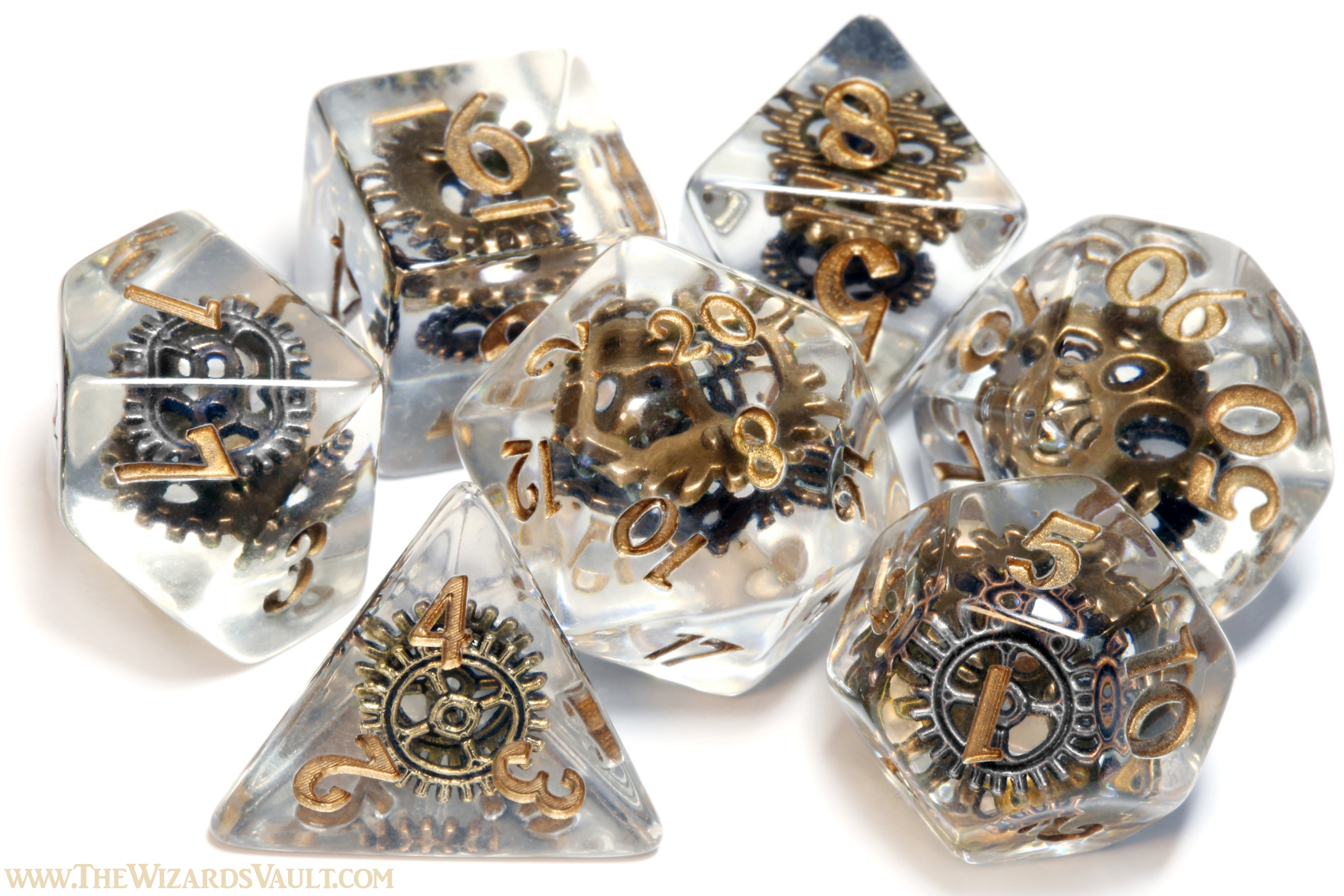 Gnome Tinkerer - Dice with gears in clear resin - The Wizard's Vault