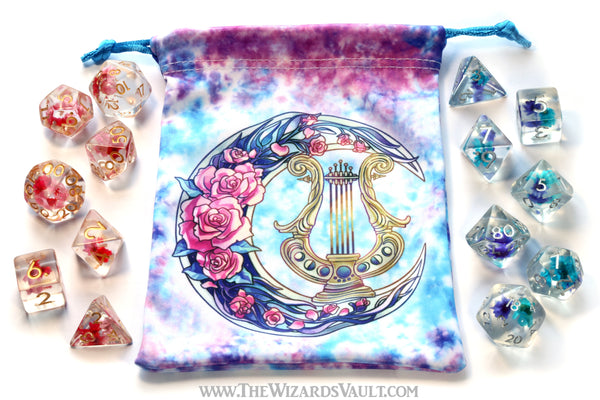 Bard inspired dice bag and Sprite Bloom dice sets with flowers - The Wizard's Vault