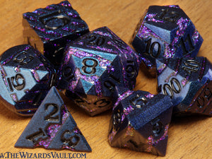 Rift Artifact - Purple mica striped dice set - Blue Metal - The Wizard's Vault