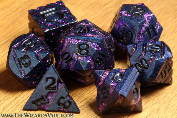 Rift Artifact - Purple mica striped dice set - Blue Metal - The Wizard's Vault