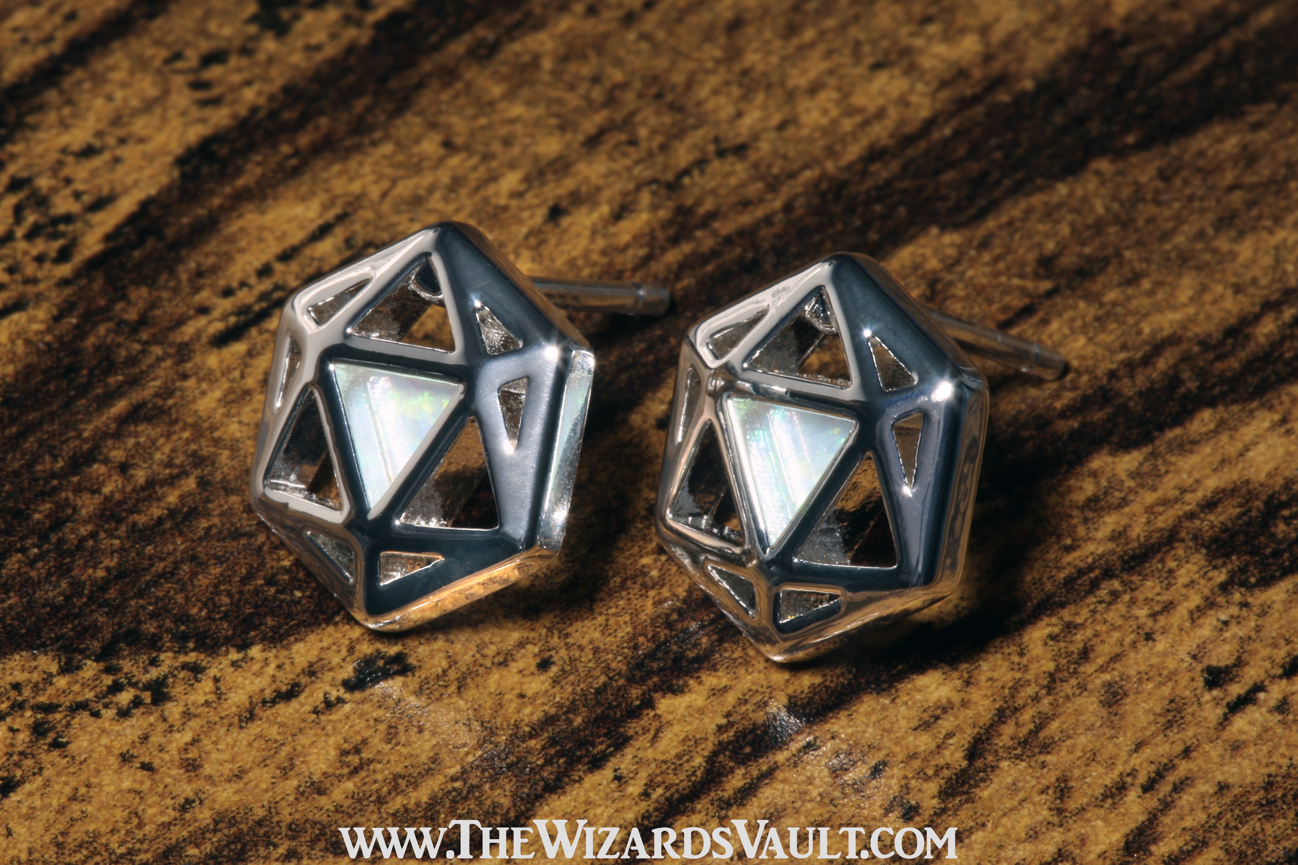 D20 Dice stud earrings with white opal - The Wizard's Vault