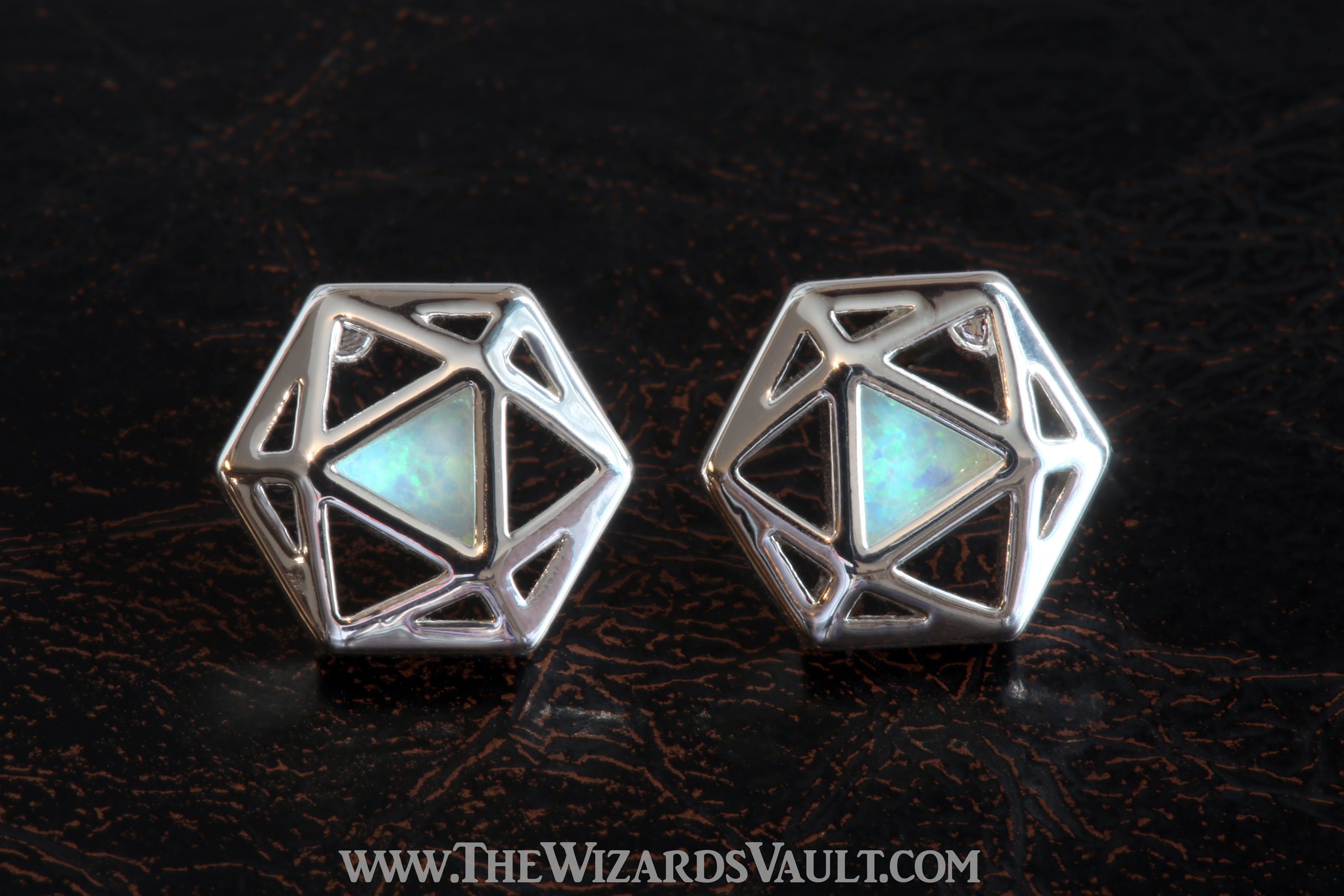 D20 Dice stud earrings with white opal - The Wizard's Vault