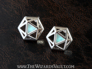 D20 Dice stud earrings with white opal - The Wizard's Vault