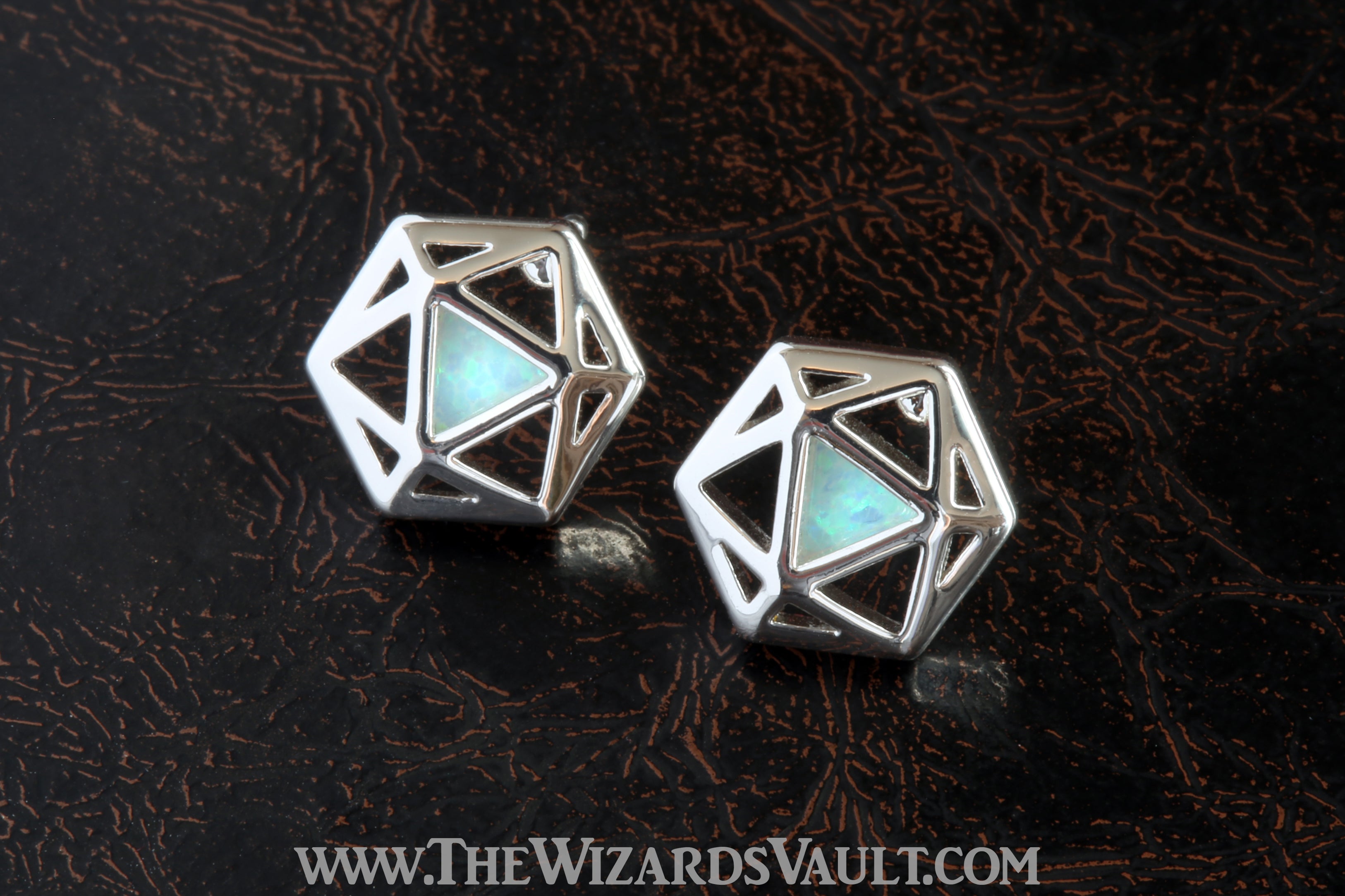 D20 Dice stud earrings with white opal - The Wizard's Vault