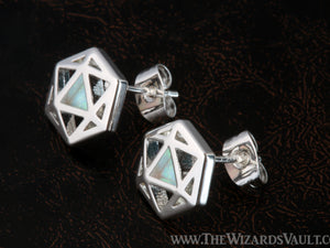 D20 Dice stud earrings with white opal - The Wizard's Vault